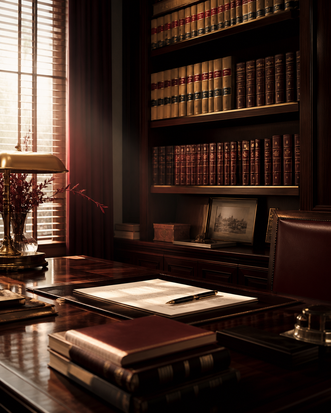 Biblioteca e mesa de trabalho em escritório jurídico